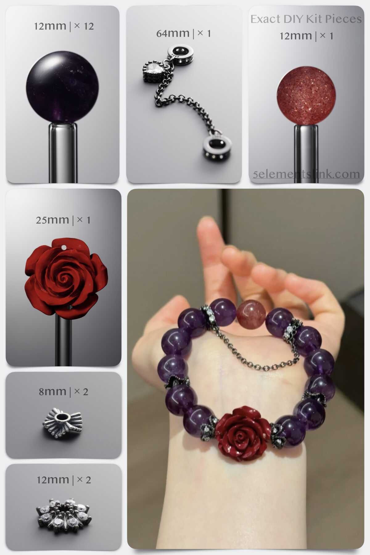 Natural Amethyst, Cinnabar Rose & Strawberry Quartz DIY Bracelet Kit - Image 1