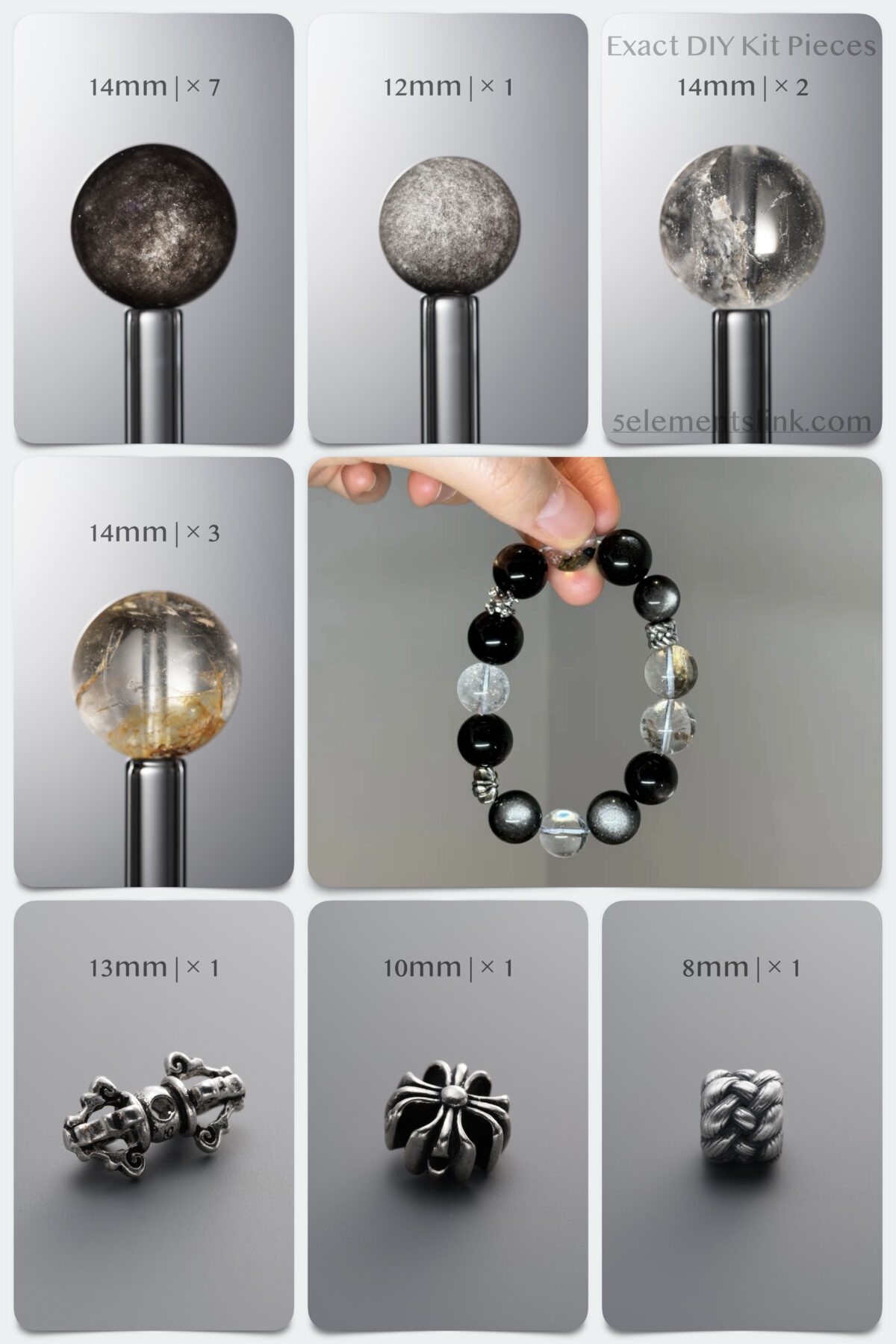 Natural Silver Obsidian, Flash Quartz & Vajra DIY Bracelet Kit - Image 1