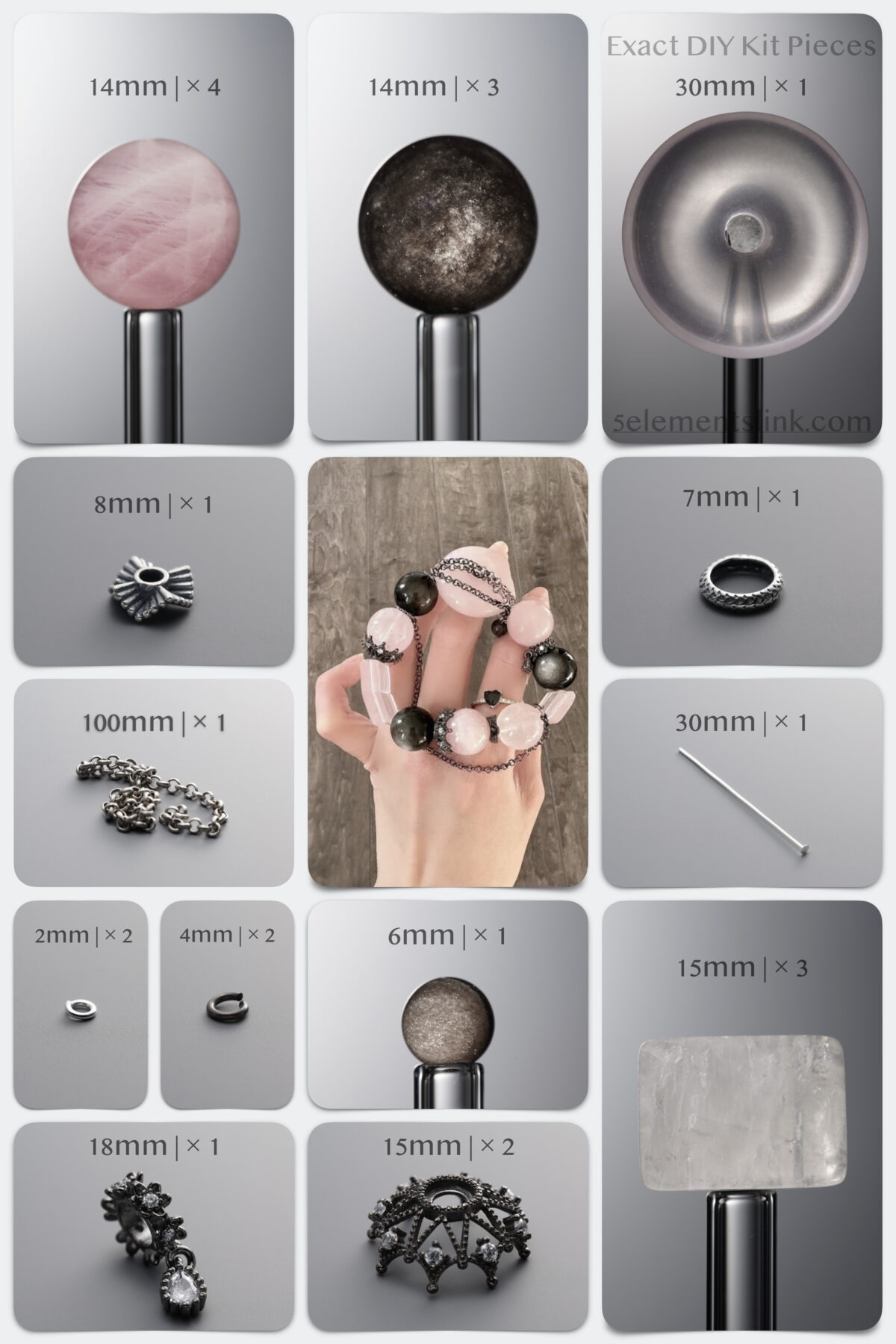 Natural Pink Quartz & Silver Obsidian Armor DIY Bracelet Kit - Image 1