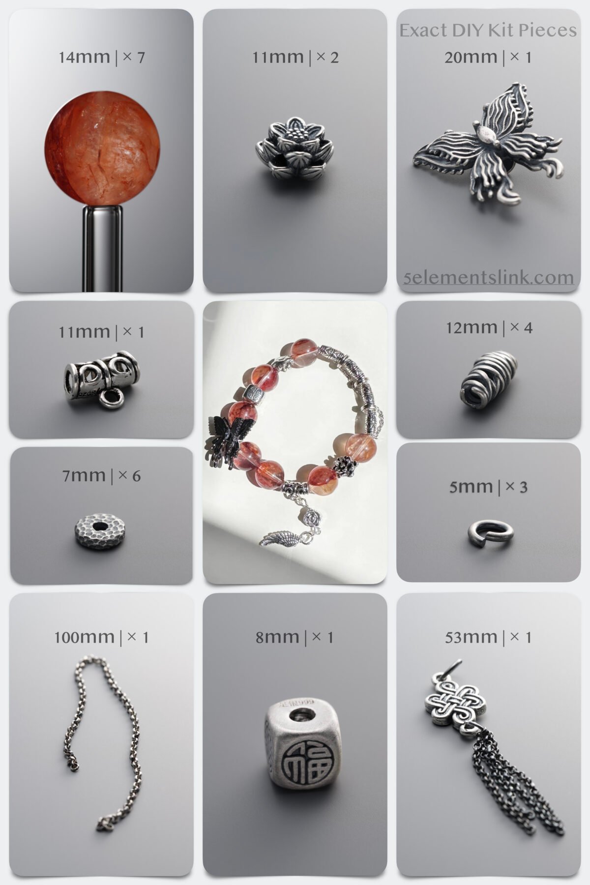 Natural Red Hematoid (Fire) Quartz & Butterfly Tassel DIY Bracelet Kit - Image 1