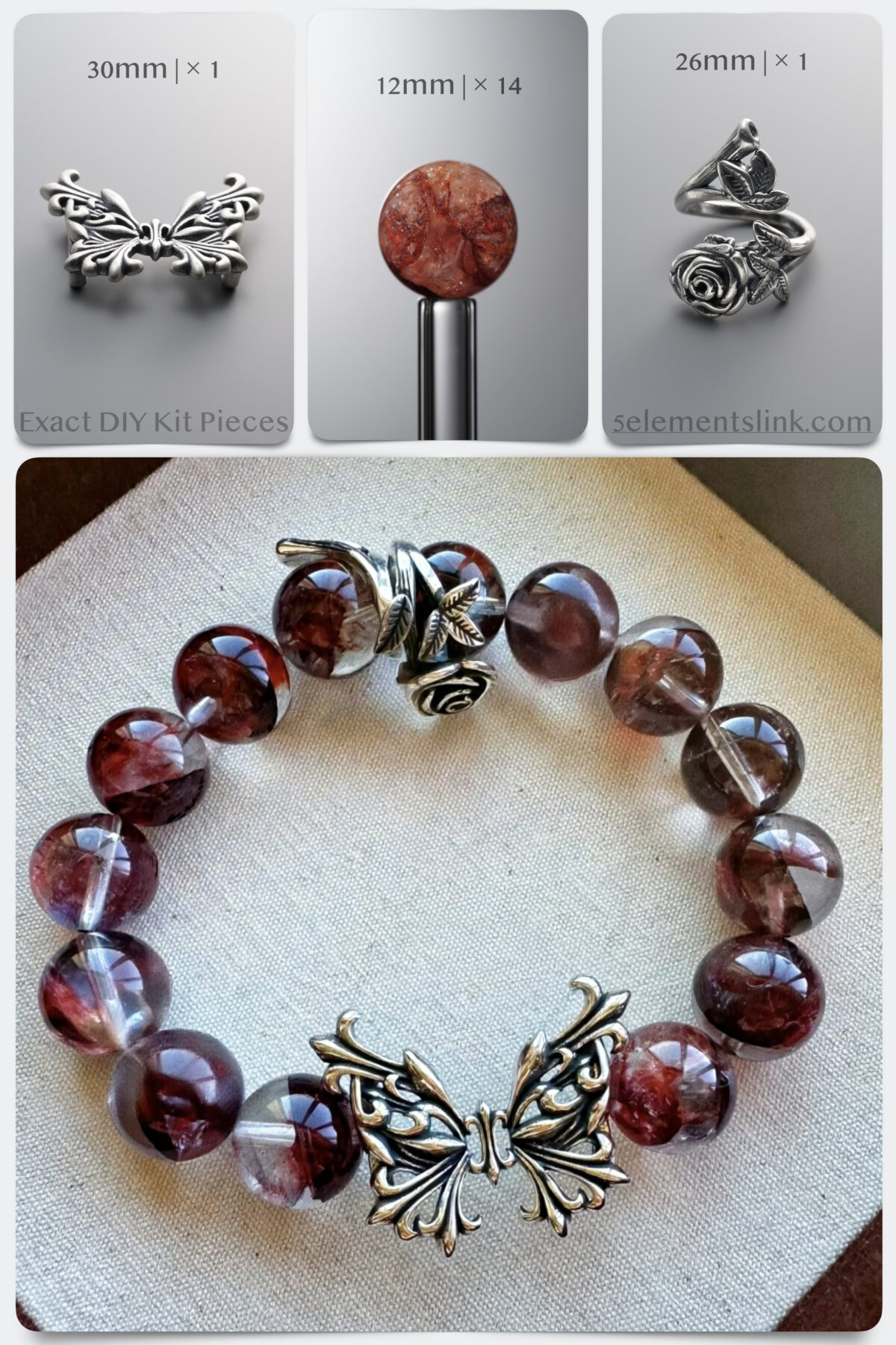 Natural Blood Red Fire Quartz & 999 Silver Beauty Beast DIY Bracelet Kit - Image 1