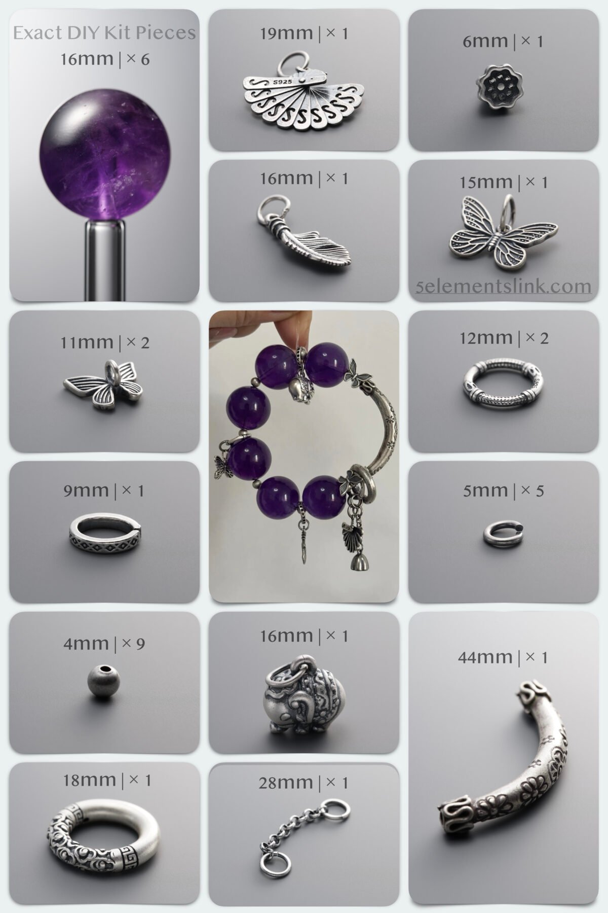 Natural 16mm Amethyst & Silver Elephant Spiritual DIY Bracelet Kit - Image 1
