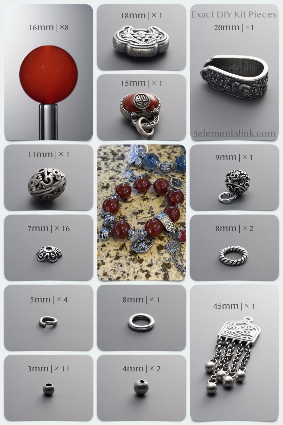 Natural Red Agate & 999 Silver Fire-Metal DIY Bracelet Kit - Image 1