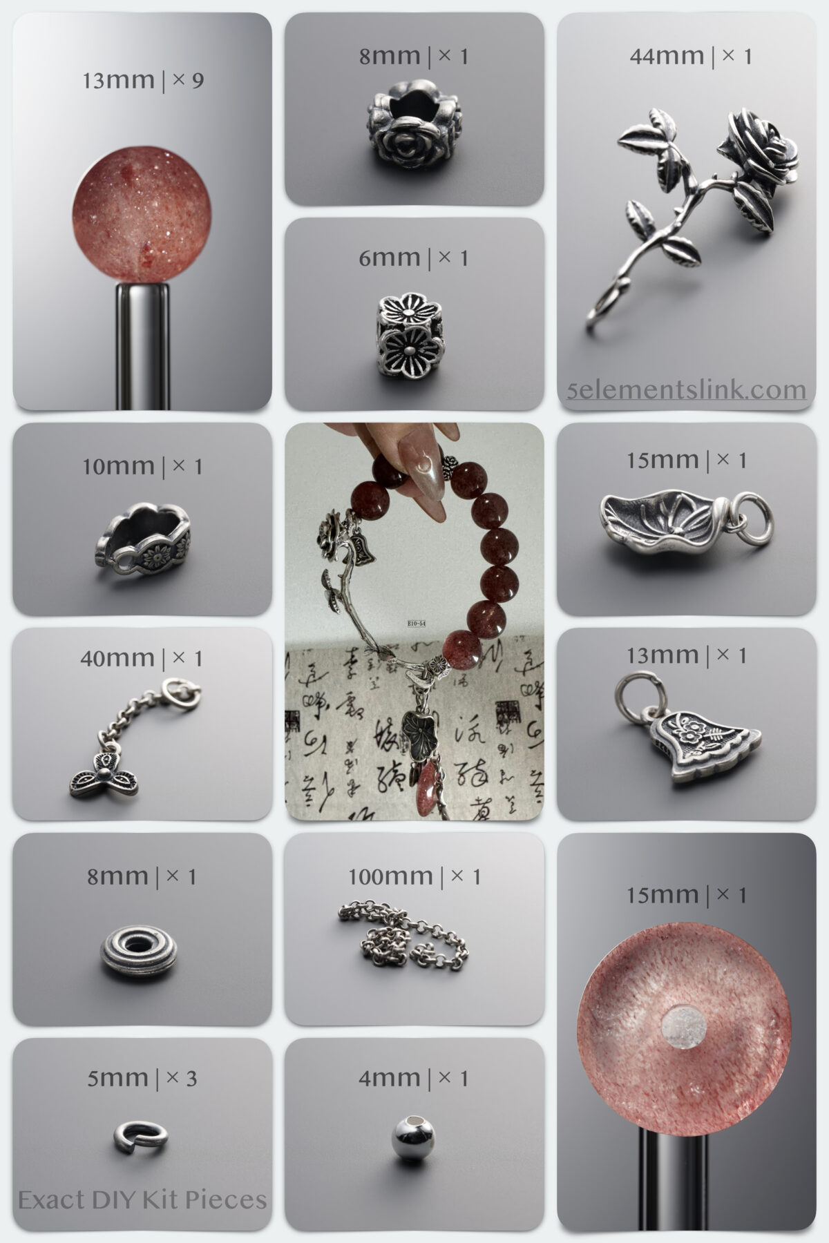 Natural Strawberry Quartz & Silver Rose Love DIY Bracelet Kit - Image 1