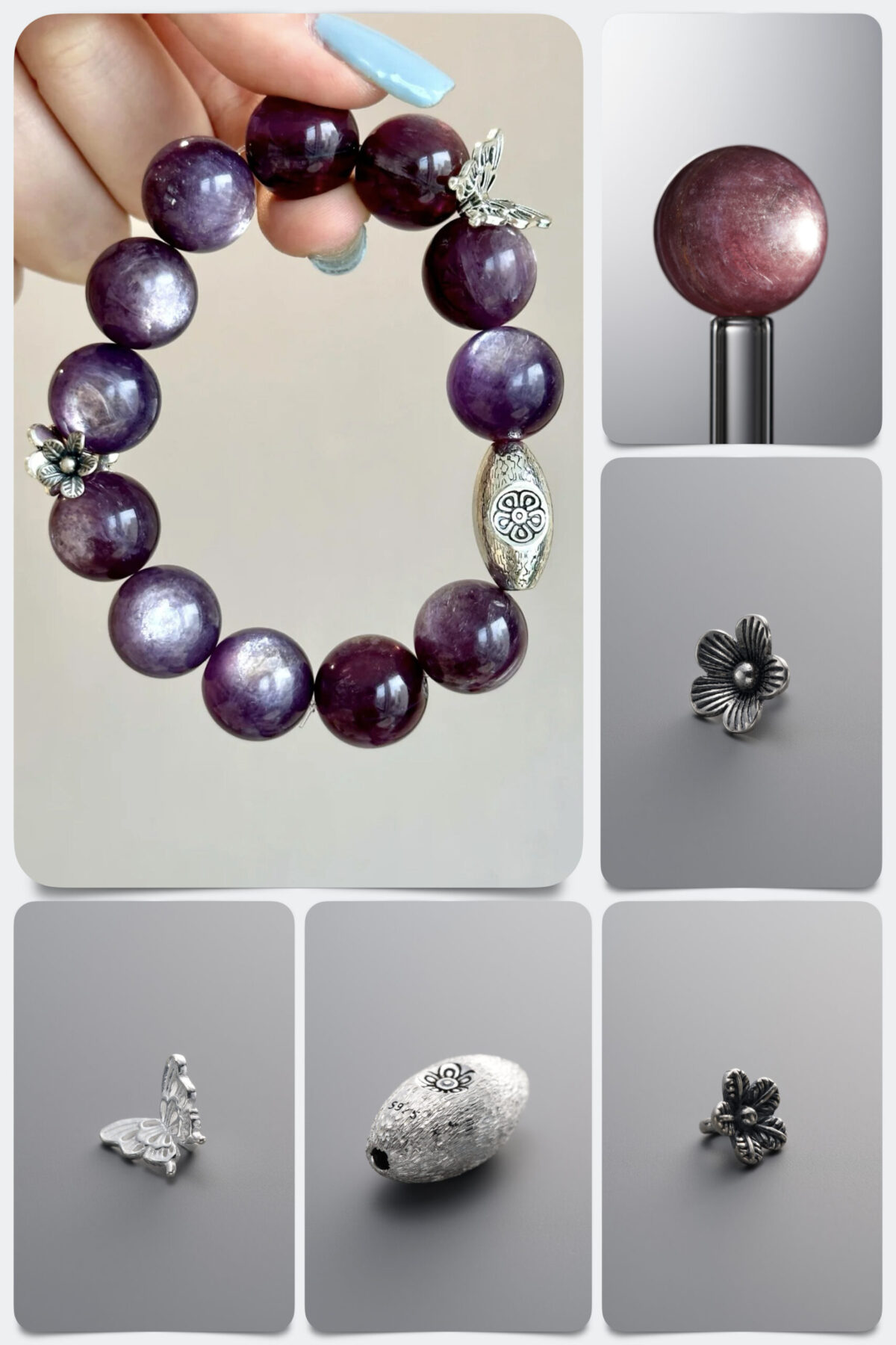 Natural Lepidolite & 925 Antiqued Sterling Silver DIY Gemstone Bead Bracelet Kit - Image 1
