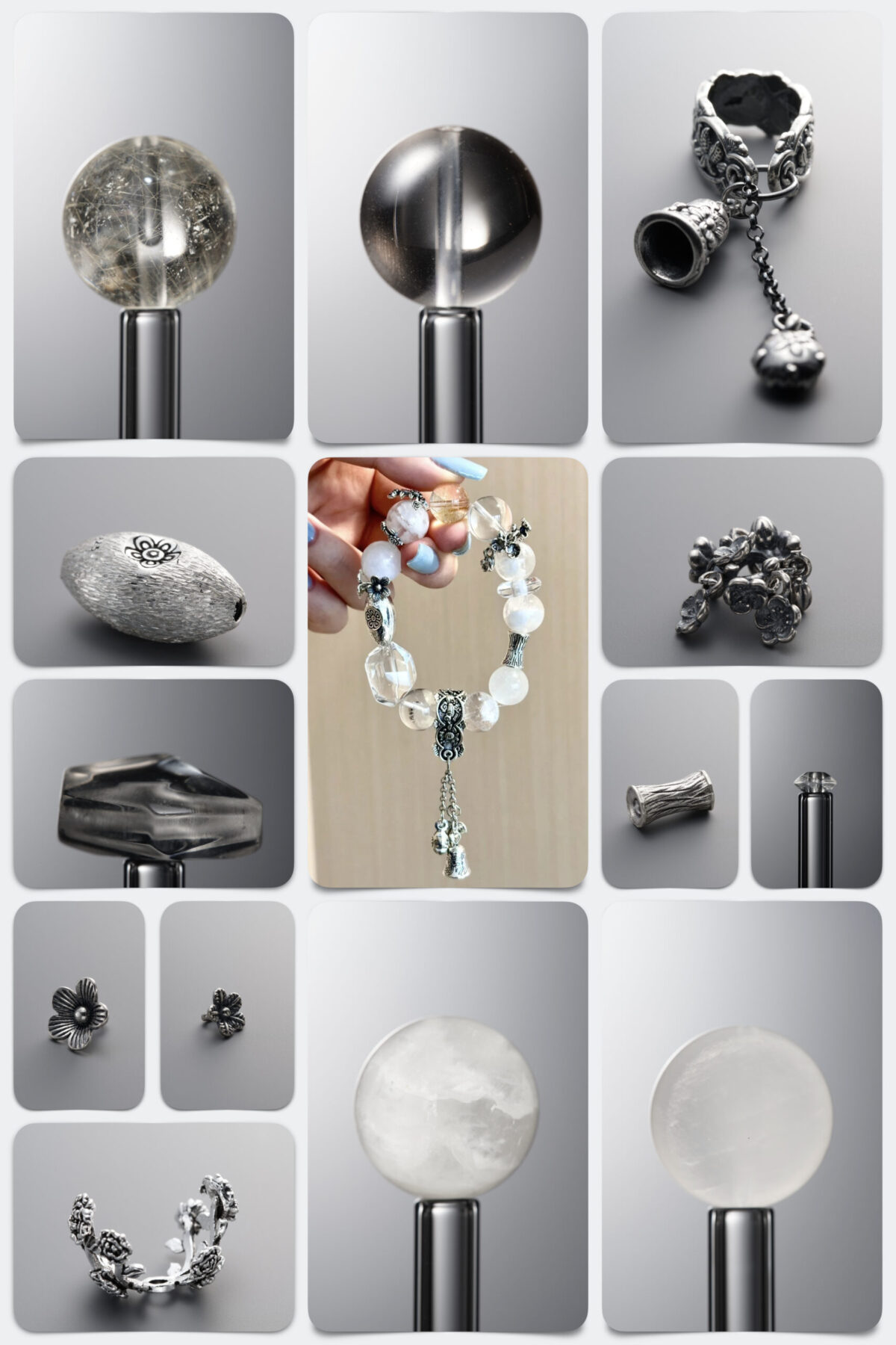 Natural Snow Phantom & Rutilated Quartz 925 Antiqued Sterling Silver DIY Gemstone Bead Bracelet Kit - Image 1
