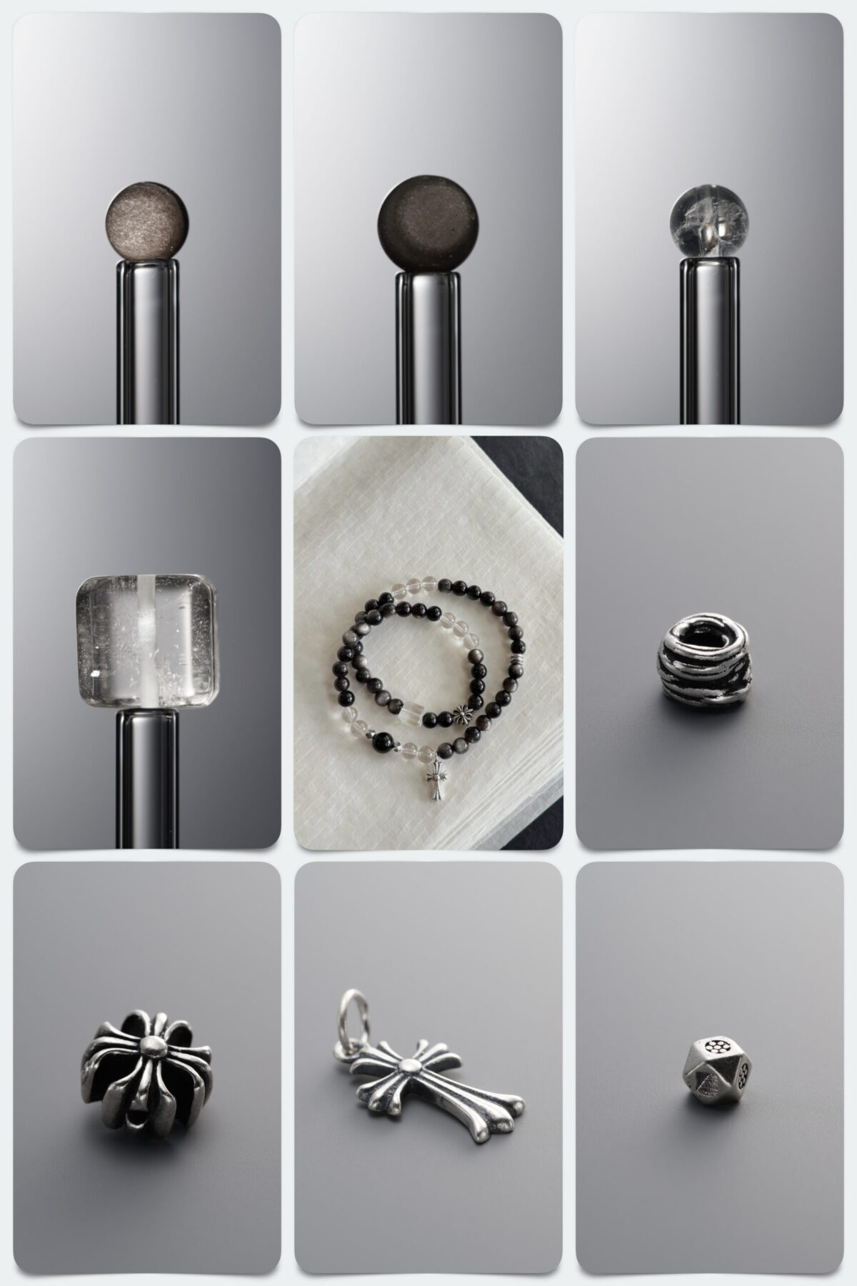 Natural Silver Obsidian & Clear Quartz 925 Antiqued Sterling Silver Double DIY Gemstone Bead Bracelet Kit - Image 1
