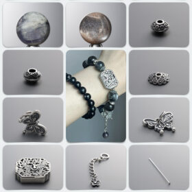 Natural Elemental Crystals & 925 Antiqued Sterling Silver Plaque DIY Gemstone Bead Bracelet Kit