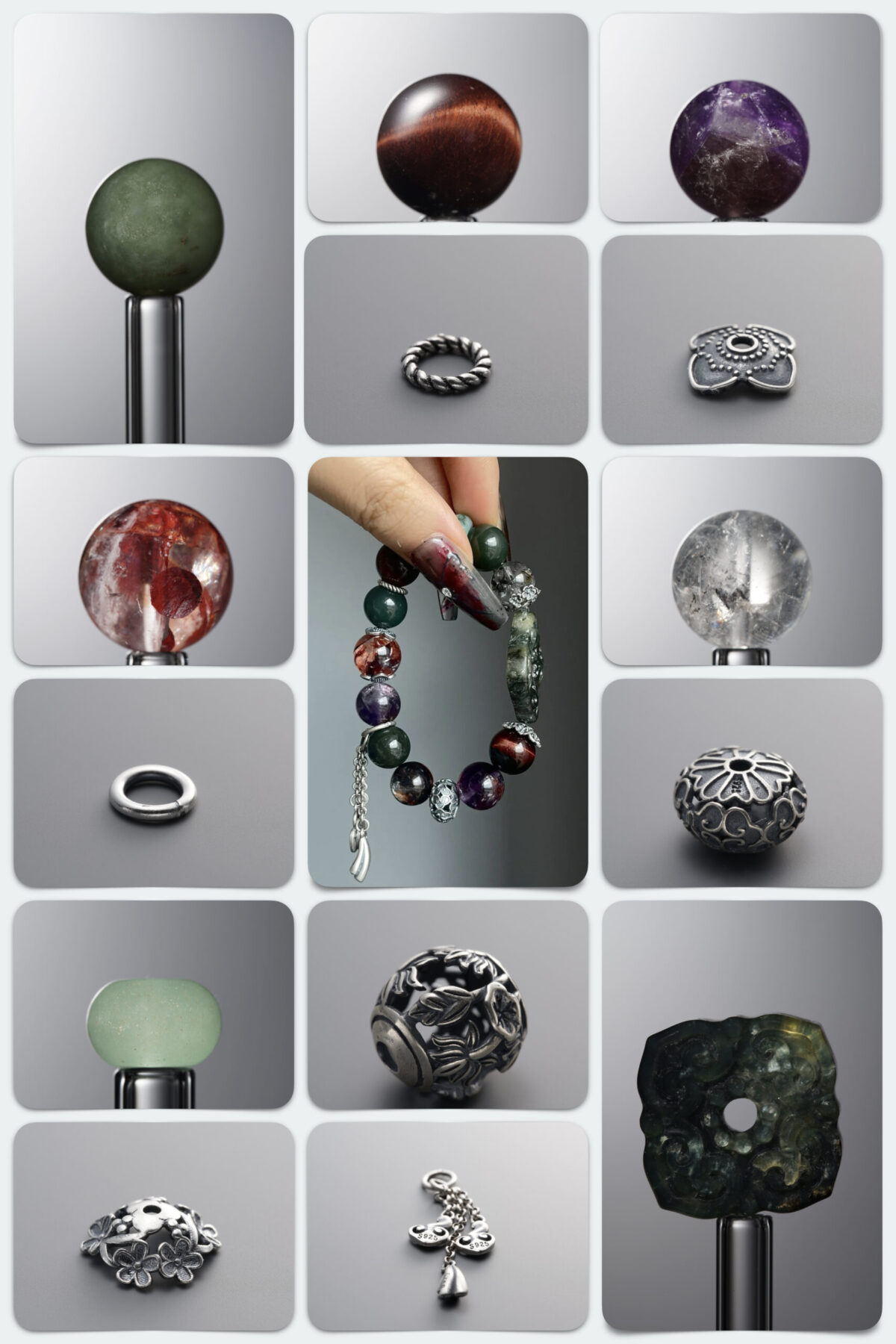 Natural Hetian Jade & Mixed Crystals 925 Antiqued Sterling Silver DIY Gemstone Bead Bracelet Kit - Image 1