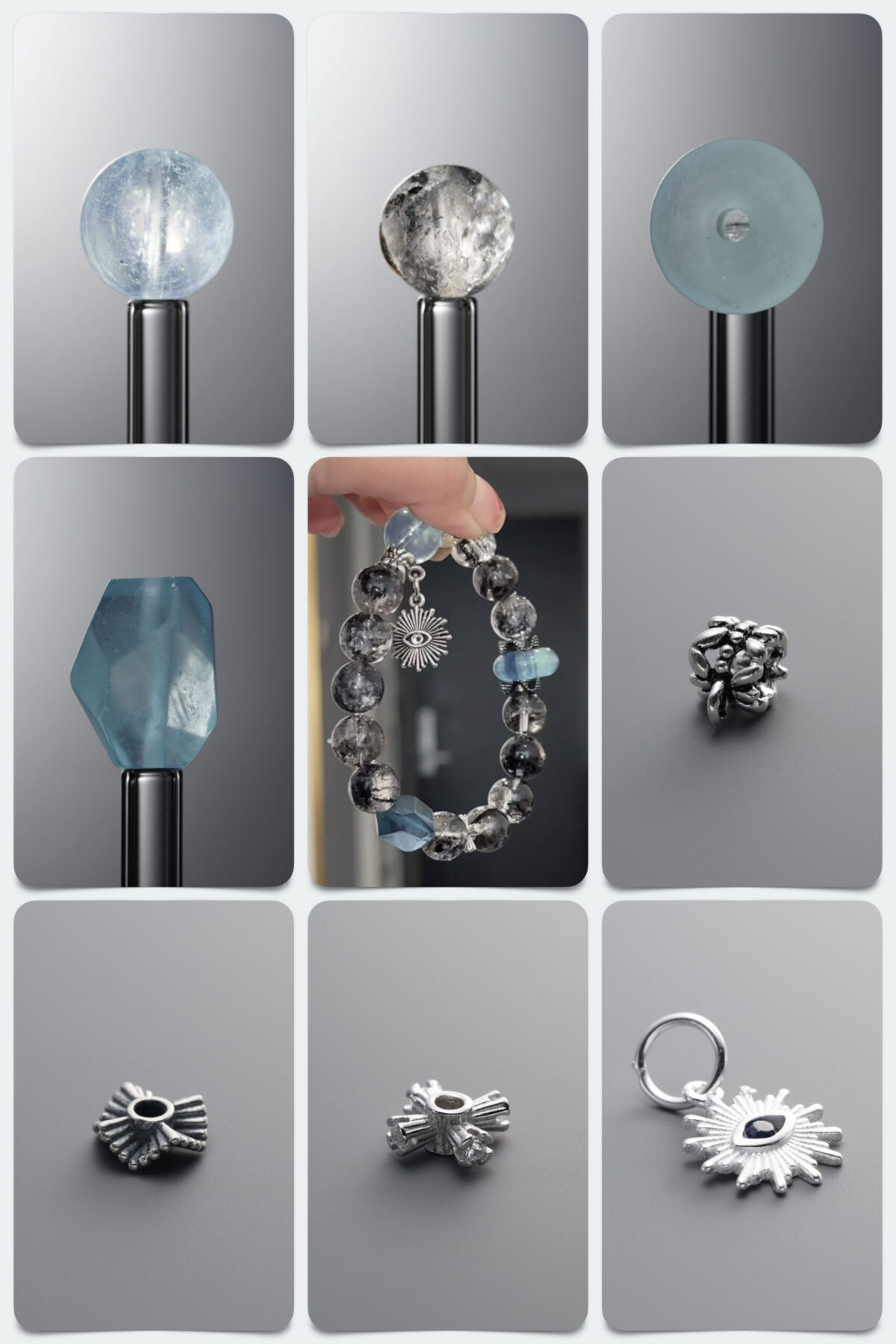 Natural Herkimer Diamond & Aquamarine 925 Sterling Silver DIY Gemstone Bead Bracelet Kit - Image 1