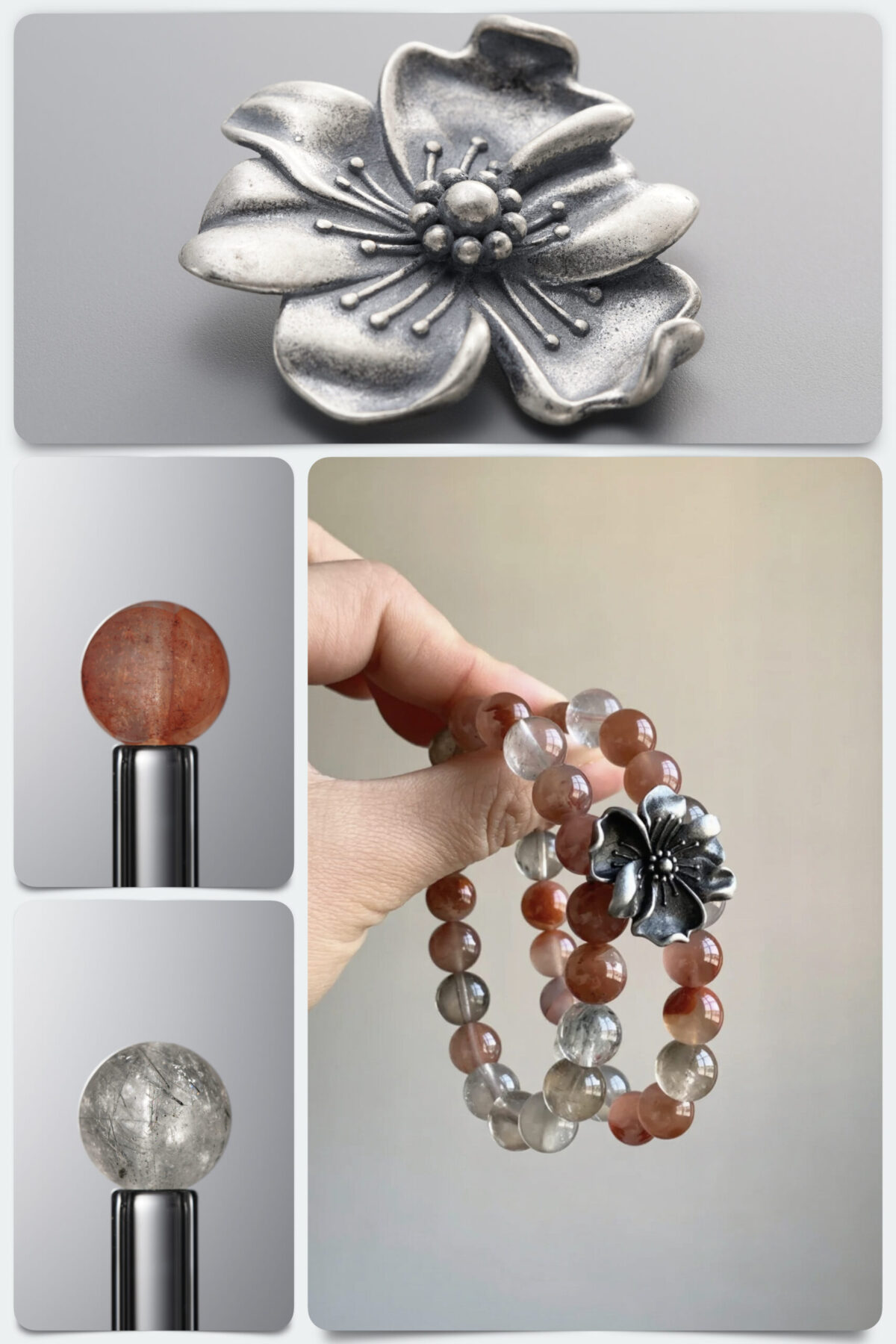 Natural Red Phantom Quartz & Gray Rabbit Hair Neo-Chinese DIY Gemstone Bead Bracelet Kit - Image 1