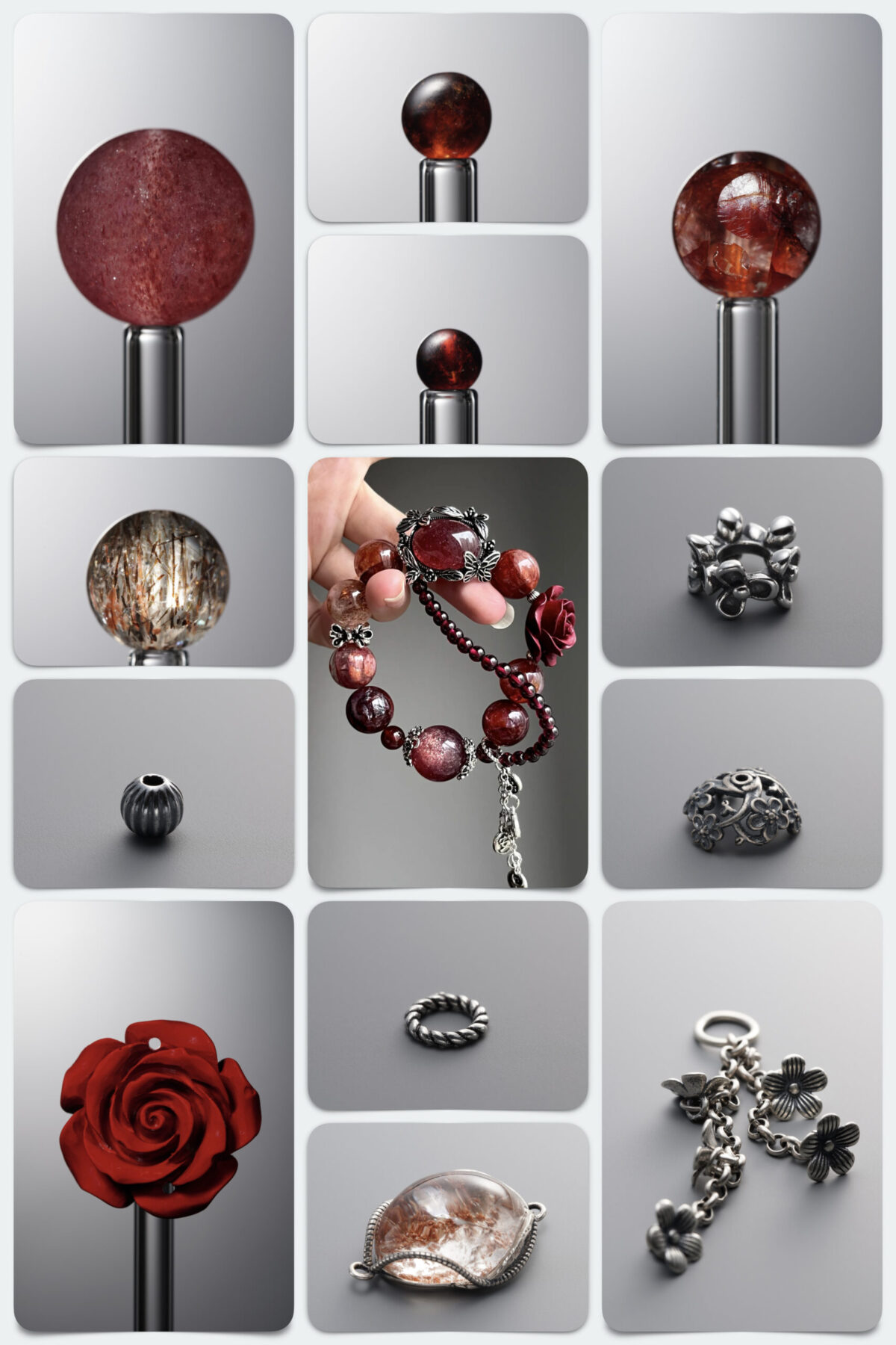 Natural Cinnabar Rose, Garnet & Cherry Strawberry Quartz DIY Gemstone Bead Bracelet Kit - Image 1