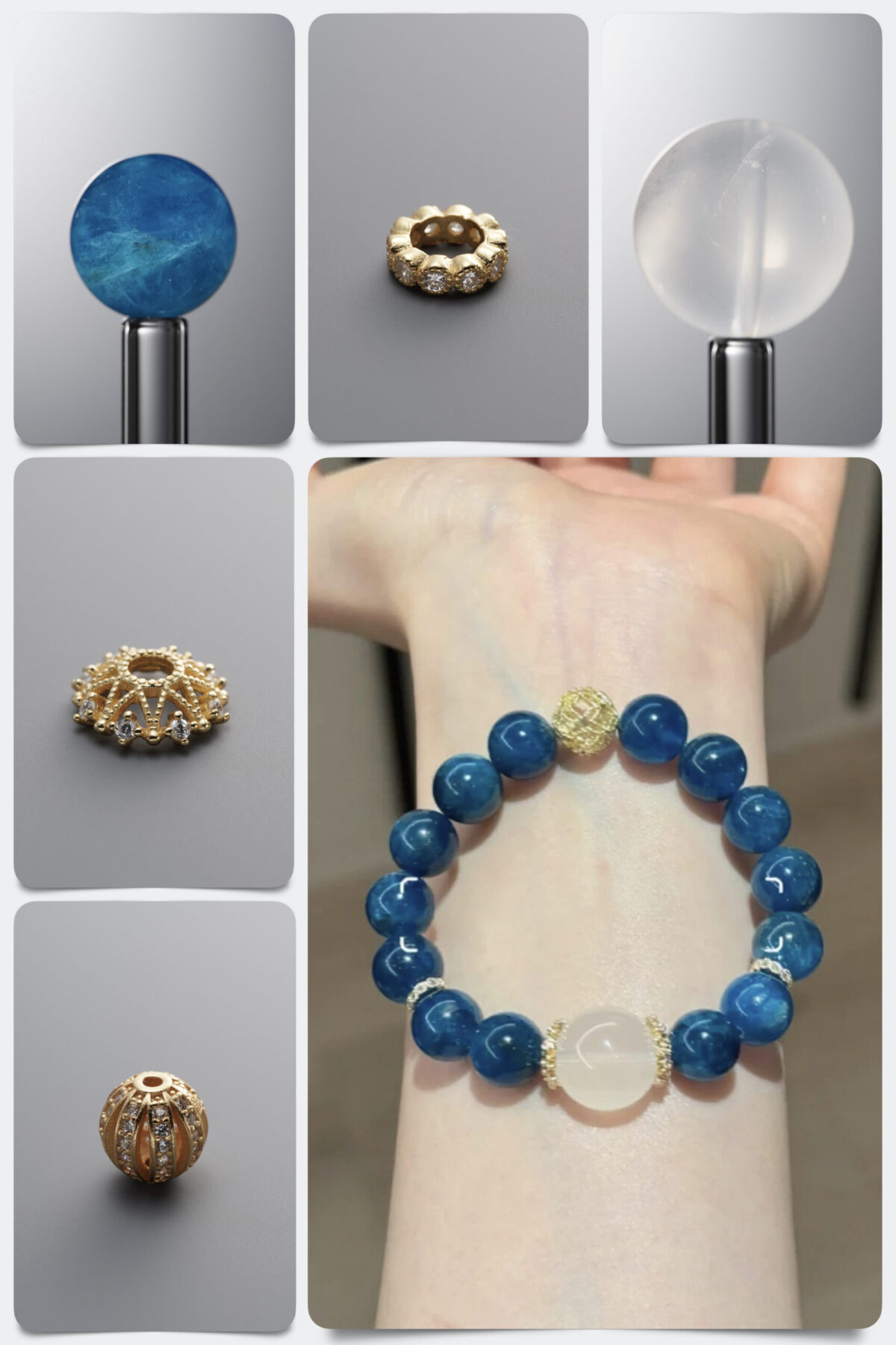 Natural Blue Apatite & White Crystal Gilded DIY Gemstone Bead Bracelet Kit - Image 1
