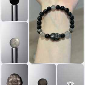 Natural Black & Silver Obsidian Gray Moonstone Pixiu DIY Gemstone Bead Bracelet Kit